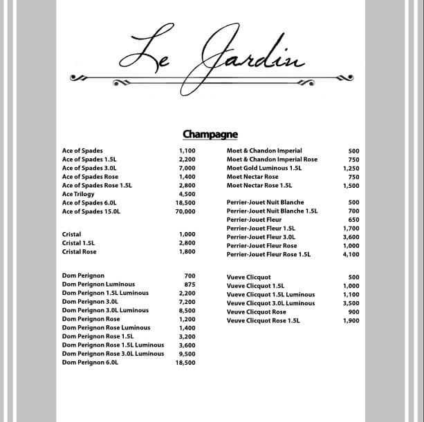 Le Jardin Los Angeles drinks menu