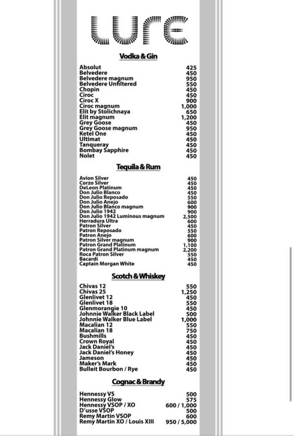 Lure Nightclub Los Angeles Drinks Menu