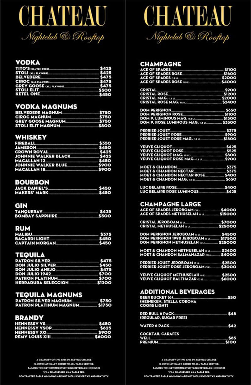 Chateau Las Vagas Drinks Menu