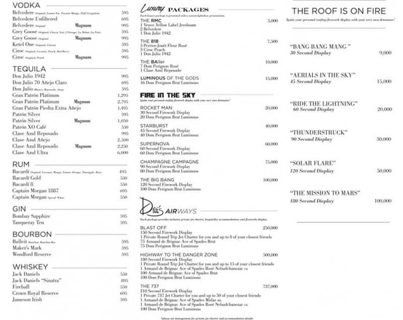 Drai's Club Las Vagas Drinks Menu