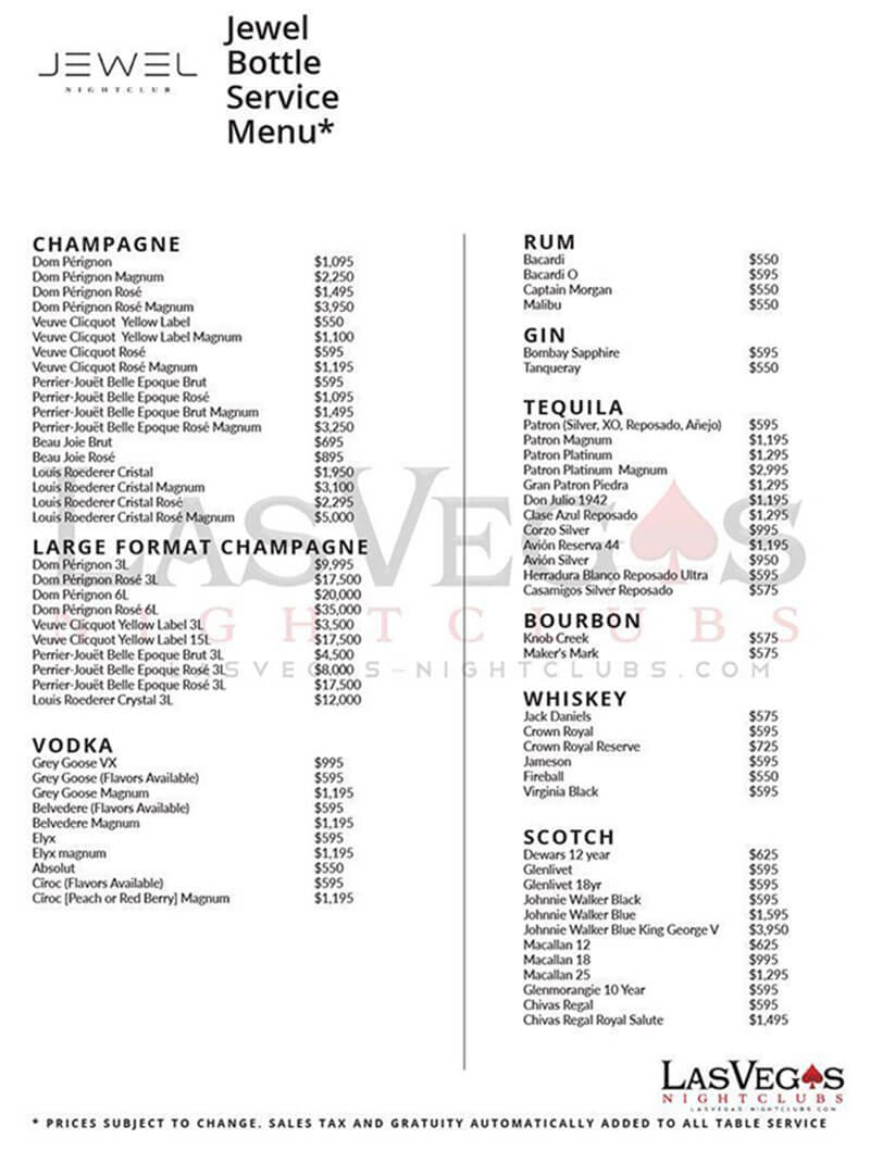 Jewel Las Vegas drinks menu prices Club Bookers