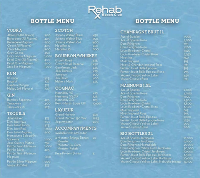 Rehab Las Vegas Drinks Menu