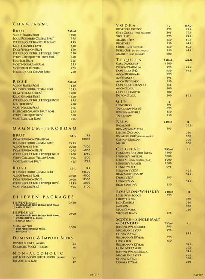 E11EVEN Miami Drinks Menu