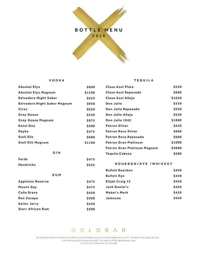 Goldbar New York drinks menu