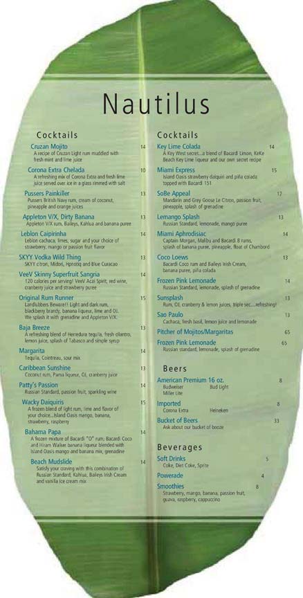 Nautilus Cabana Miami Drinks Menu