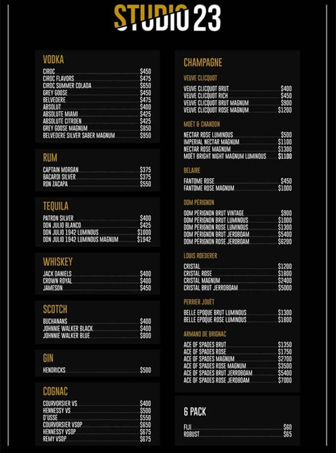 Studio 23 Miami Drinks Menu